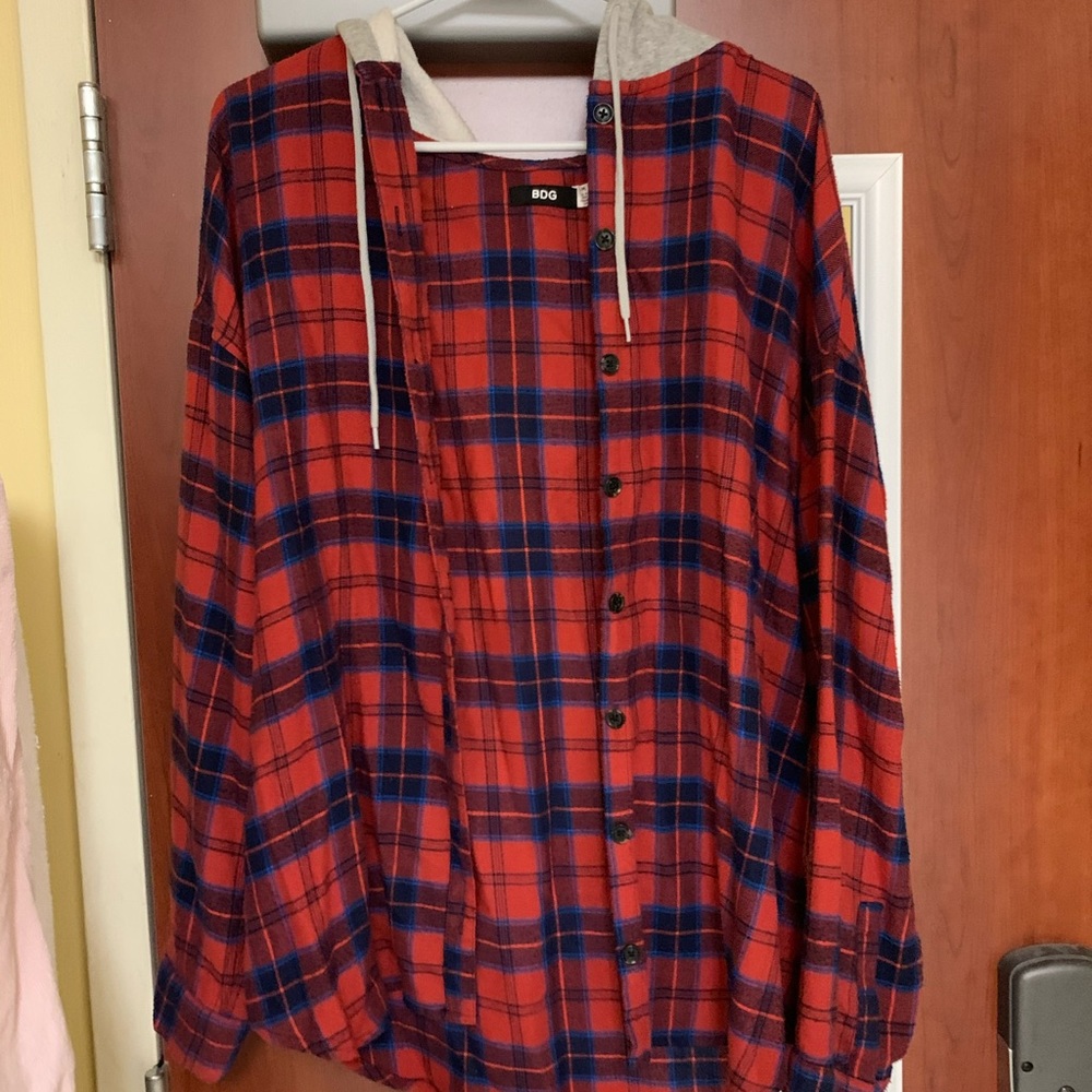 red and blue plaid hooded flannel
